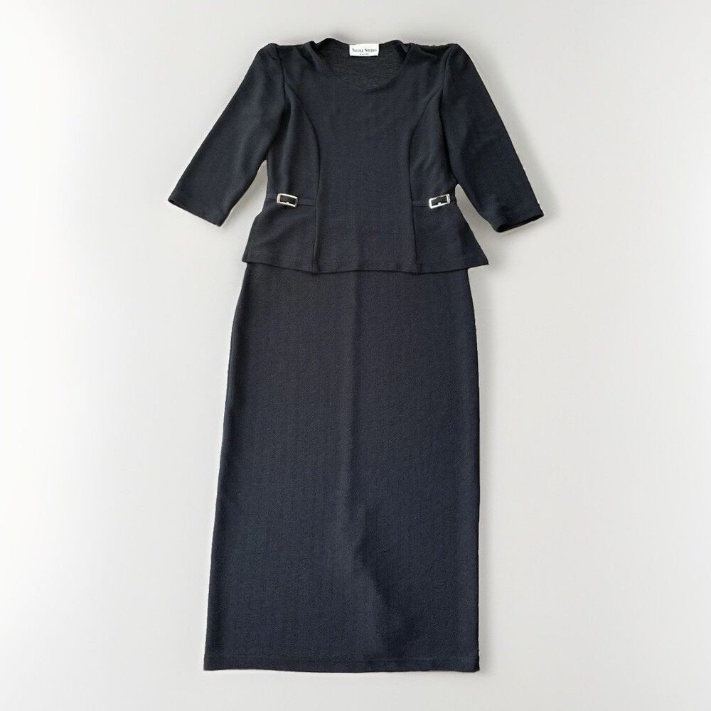 Nicole Studio Vintage Black Peplum Dress Size 6 Midi 2-Piece Look Knit Casual